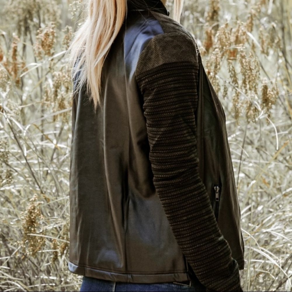 Vegan Leather/Knit Spliced Bomber Jacket - Picture 9 of 16